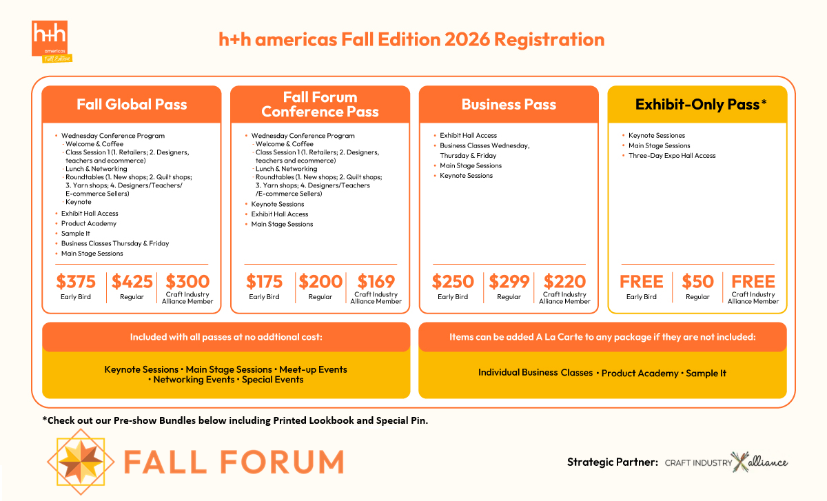 h+h americas Fall Edition 2026 registration at a glance: Fall Global Pass $375/$425/$300, Fall Forum Conference Pass $175/$200/$169, Business Pass $250/$299/$220, and Exhibit-Only Pass free/$50/free (Early Bird / Regular / Craft Industry Alliance Member)