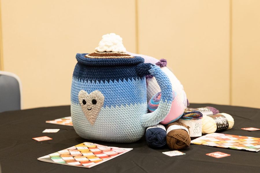 A handmade crochet craft piece on display