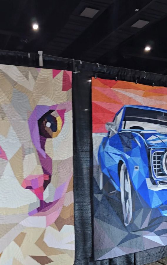 Two paper-pieced quilts hanging together, a pale cat portrait and a blue muscle car